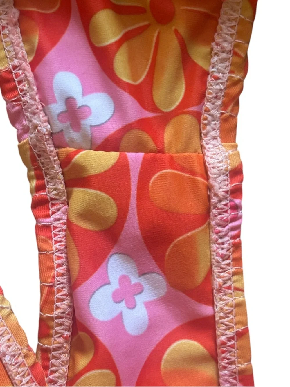 VOLAFA Pink and Orange Floral Smocked Textured Scoop Print Ruched Bikini Set